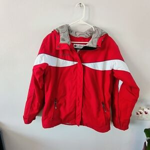 Columbia Red White Ski Jacket Womens Large Fleece Lined Hooded Winter Coat